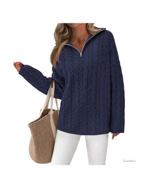 Womens Long Sleeve Quarter Zip Cable Knit Oversized Sweater V Neck Pullover